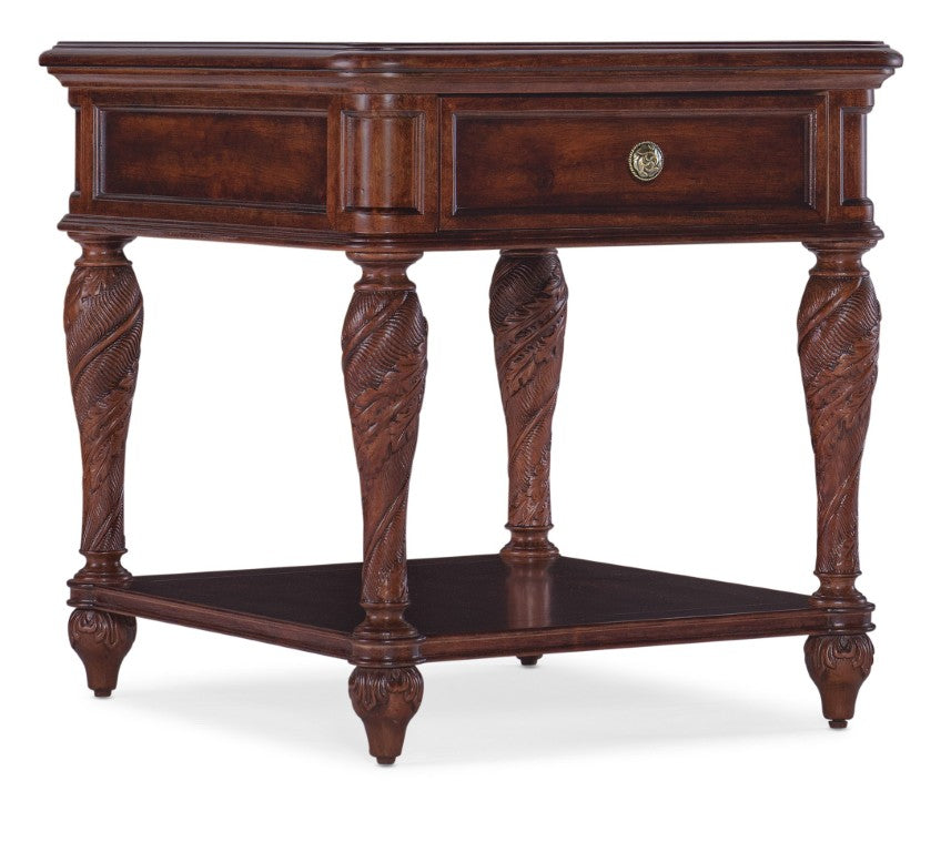 Hooker Furniture Charleston Maraschino Cherry One-Drawer End Table With Walnut Inlay, Carved Leaf Motifs & Shelf 6750-80413-85