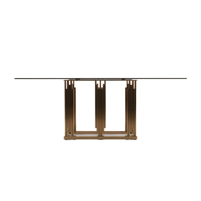 VIG Furniture Token Smoked Grey Glass Dining Table With Rose Gold Stainless Steel Base, Seats 6-8, 78"W Stylish VGVCT816