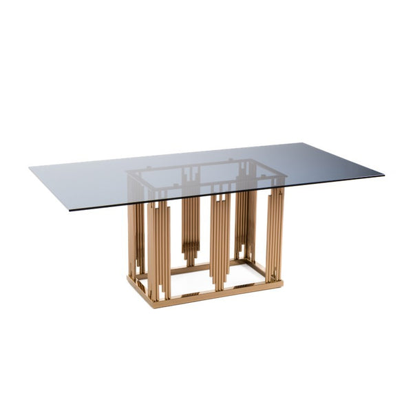 VIG Furniture Token Smoked Grey Glass Dining Table With Rose Gold Stainless Steel Base, Seats 6-8, 78"W Stylish VGVCT816