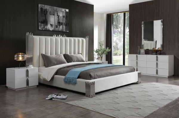 VIG Furniture Eastern King Modrest Token Upholstered White Pu Platform Bed & Storage Set With Stainless Accents, High-Gloss Finish, Modern Hotel-Inspired Design VGVCBD815-SET-WHT-EK