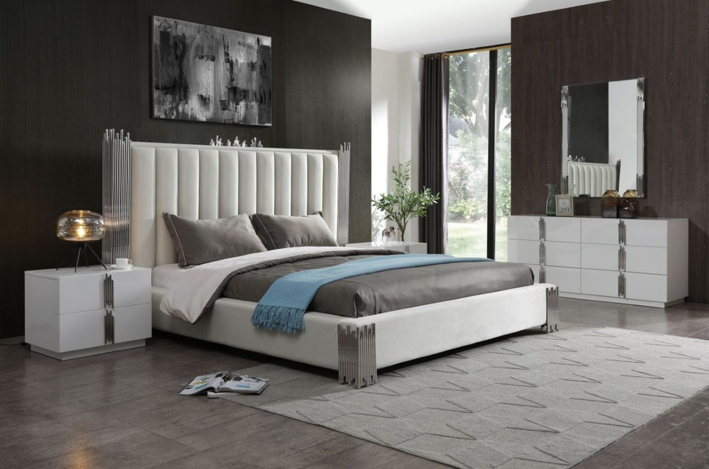 VIG Furniture Queen Modrest Token White Pu Upholstered Bed Set With Stainless Accents, 6-Drawer Dresser & Mirror VGVCBD815-SET-WHT-Q