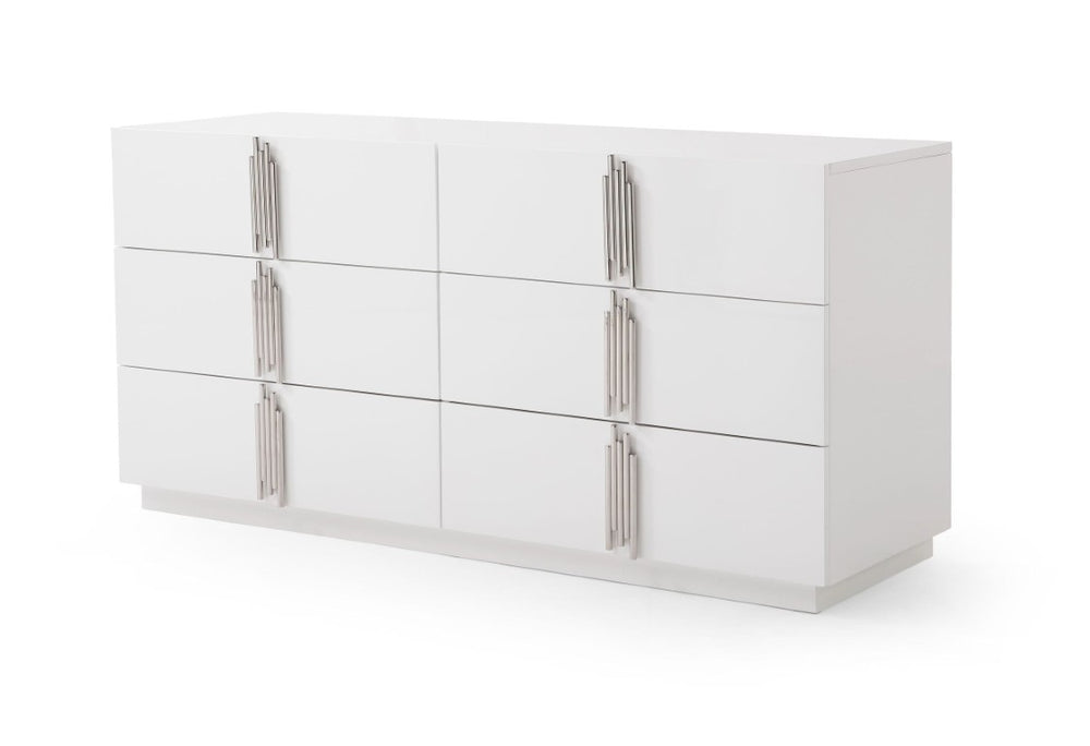 VIG Furniture Token Modern White & Stainless Steel Dresser With 6 Soft-Close Drawers, High-Gloss Luxe Finish, 64" VGVCJ815-WHT-DRS