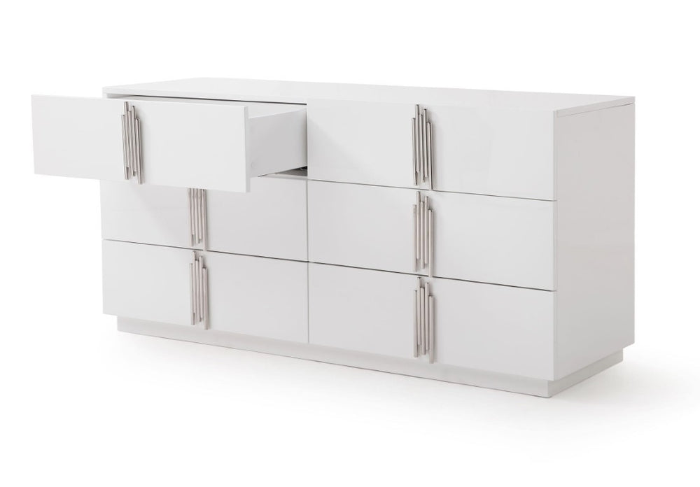 VIG Furniture Token Modern White & Stainless Steel Dresser With 6 Soft-Close Drawers, High-Gloss Luxe Finish, 64" VGVCJ815-WHT-DRS