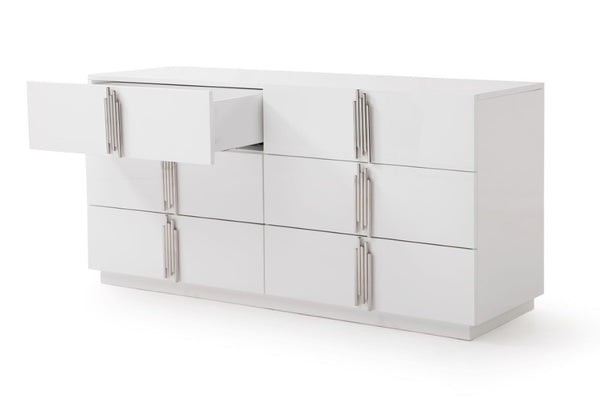 VIG Furniture Token Modern White & Stainless Steel Dresser With 6 Soft-Close Drawers, High-Gloss Luxe Finish, 64" VGVCJ815-WHT-DRS