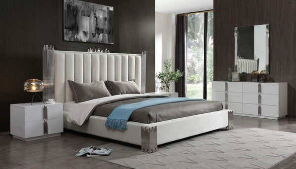 VIG Furniture Eastern King Modrest Token Upholstered White Pu Platform Bed & Storage Set With Stainless Accents, High-Gloss Finish, Modern Hotel-Inspired Design VGVCBD815-SET-WHT-EK