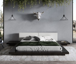 VIG Furniture Tokyo Contemporary Platform Frame With White Upholstered Headboard, Low-Profile Slat Support System Black Bed VGMABR-90-BLK-WHT-Q