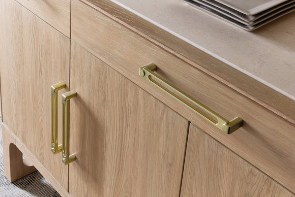 Hooker Furniture Banyon Bay Buffet With Honed Egyptian Marble Top, Desert Oak Finish, Ample Storage & Brushed Brass Hardware 6081-75900-82