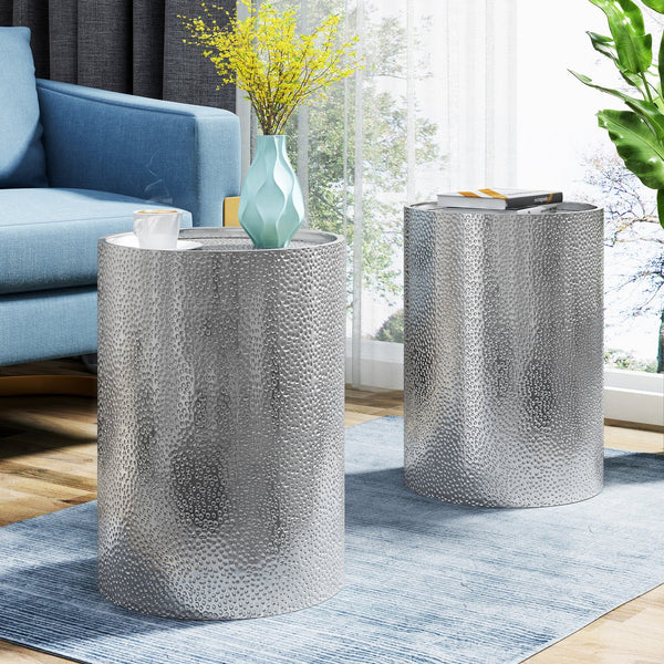 English Elm Christopher Knight Home® - METAL Hammered Accent Side Table Set of 2 — Cylindrical Iron Frame, Textured Finish, No Assembly Needed Silver 65631.00