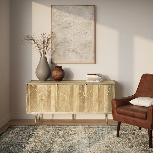 English Elm Jager Mid-Century Sideboard Buffet in Natural Mango Wood with Gold Brass Inlay & Soft-Close Doors B136P158752