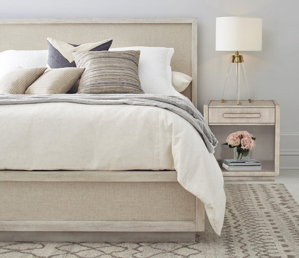 A.R.T. Furniture Cotiere Contemporary Petite Nightstand With Usb Ports, Linen Fabric Drawer & Open Storage Shelf Beige Material, Parawood Solids,Mixed Split Cathedral And Quarter White Oak Veneers,Fabric 299141-2349