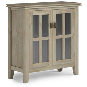 English Elm Artisan Low Storage Cabinet - Distressed Grey Wood, Glass Doors, Adjustable Shelves For Versatile Elegance B136P158394