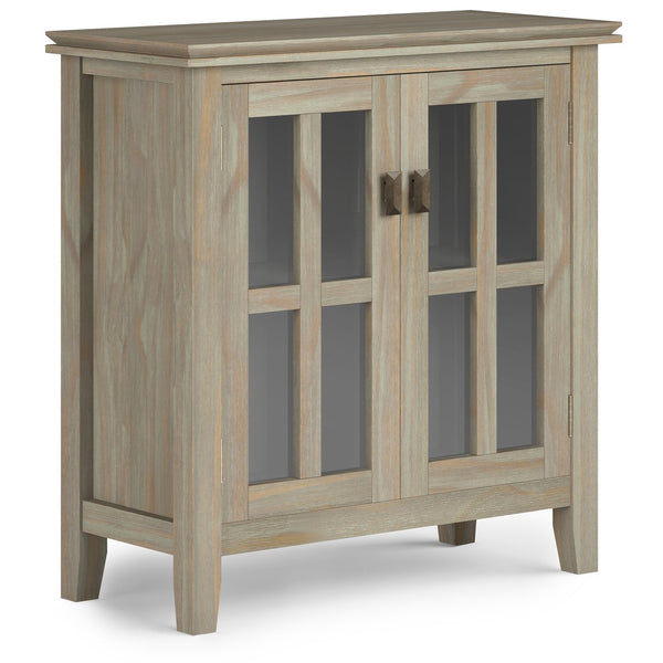 English Elm Artisan Low Storage Cabinet - Distressed Grey Wood, Glass Doors, Adjustable Shelves For Versatile Elegance B136P158394