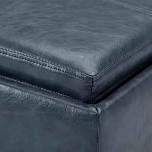 English Elm Rockwood Cube Storage Ottoman with Tray — Denim Vegan Faux Leather, Flip-Top Serving Tray & Hidden Storage Blue B136P158201