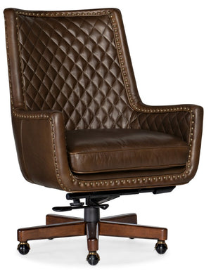 Hooker Furniture Kent Executive Swivel Tilt Chair In Aniline Top-Grain Leather With Quilted Back, Gold Nailhead Trim, Wood Base Medium Brown EC206-088