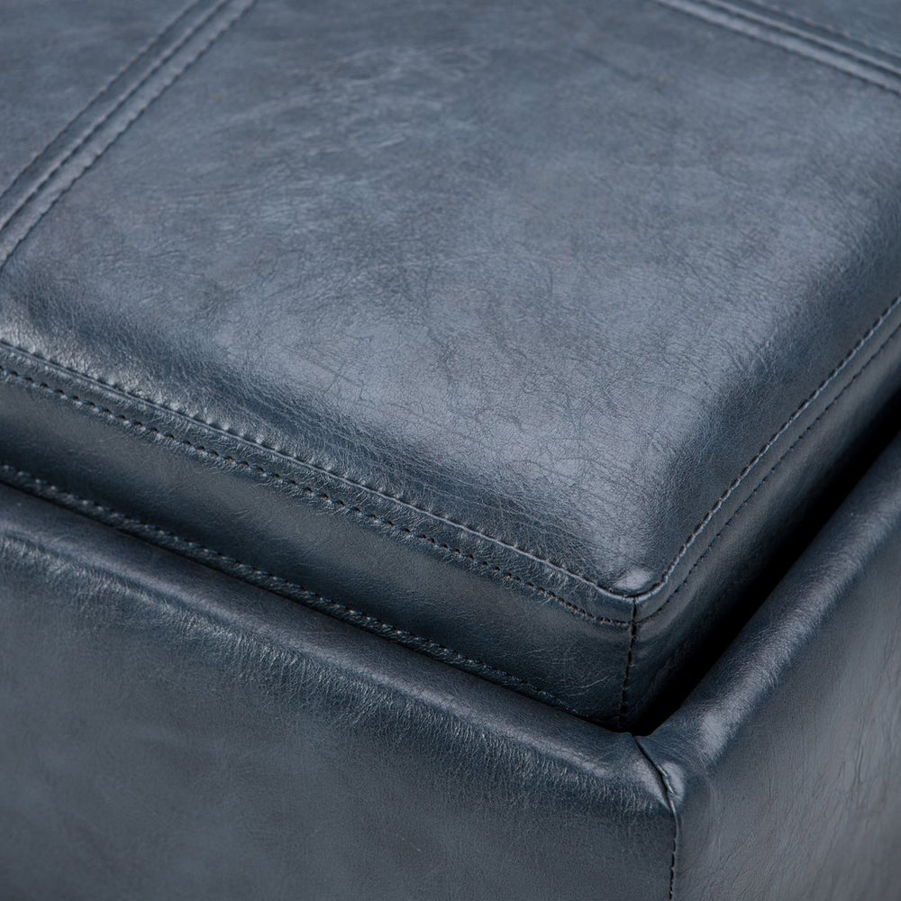 English Elm Rockwood Cube Storage Ottoman with Tray — Denim Vegan Faux Leather, Flip-Top Serving Tray & Hidden Storage Blue B136P158201