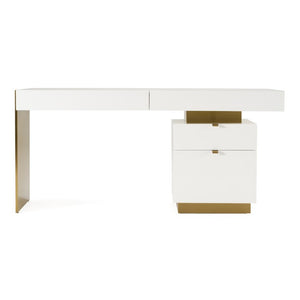 VIG Furniture Trahan High-Gloss White Office Desk With Brushed Gold Frame, Soft-Close Drawers & Generous Legroom VGBB-MQ2101-W-DESK