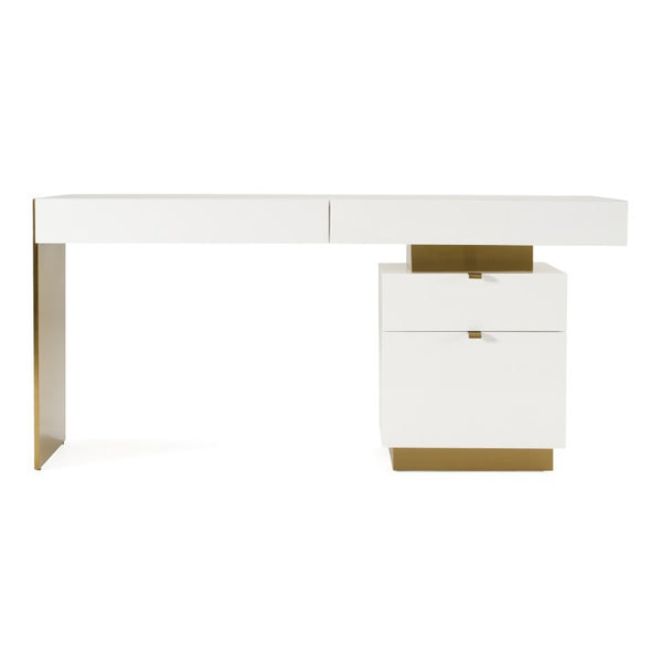 VIG Furniture Trahan High-Gloss White Office Desk With Brushed Gold Frame, Soft-Close Drawers & Generous Legroom VGBB-MQ2101-W-DESK