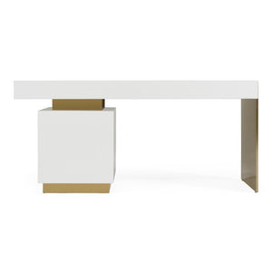 VIG Furniture Trahan High-Gloss White Office Desk With Brushed Gold Frame, Soft-Close Drawers & Generous Legroom VGBB-MQ2101-W-DESK