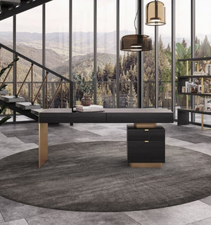 VIG Furniture Trahan Grey Elm & Gold Office Desk With Peninsula Design, 4 Soft-Closing Drawers, Modern Glam Finish VGBBMQ2101-GRY-DESK