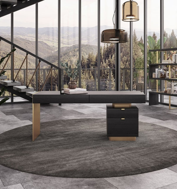 VIG Furniture Trahan Grey Elm & Gold Office Desk With Peninsula Design, 4 Soft-Closing Drawers, Modern Glam Finish VGBBMQ2101-GRY-DESK
