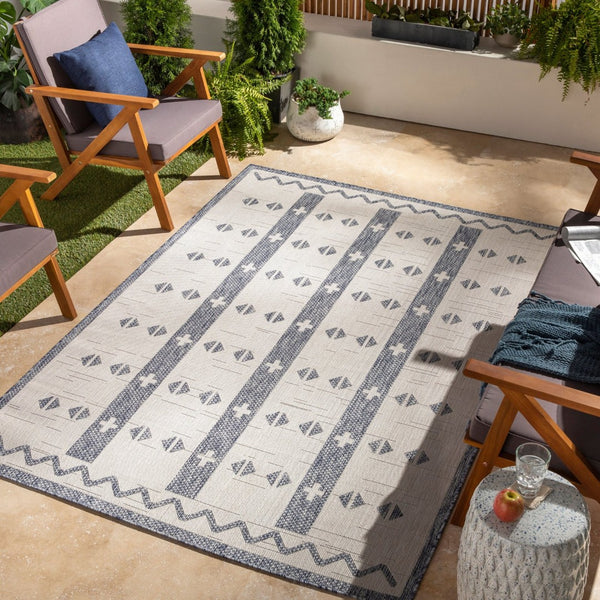 Livabliss Tuareg Bohemian Global Geometric Polypropylene Area Rug for Living Room or Entryway Cream, Dark Blu 9'2" x 12' TRG2308-9212