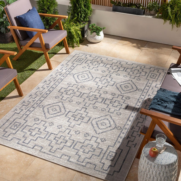 Livabliss Tuareg Flatweave Polypropylene Area Rug Global Pattern Indoor Outdoor Patio Living Room Tan, Pale Blue 6'7" x 9' TRG2316-679