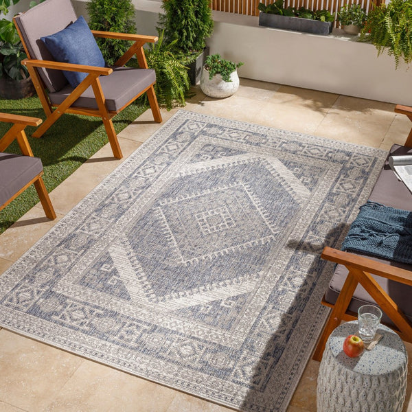Livabliss Tuareg Global Pattern Polypropylene Area Rug for Indoor Outdoor Living Spaces Pale Blue, Tan 9'2" x 12' TRG2344-9212