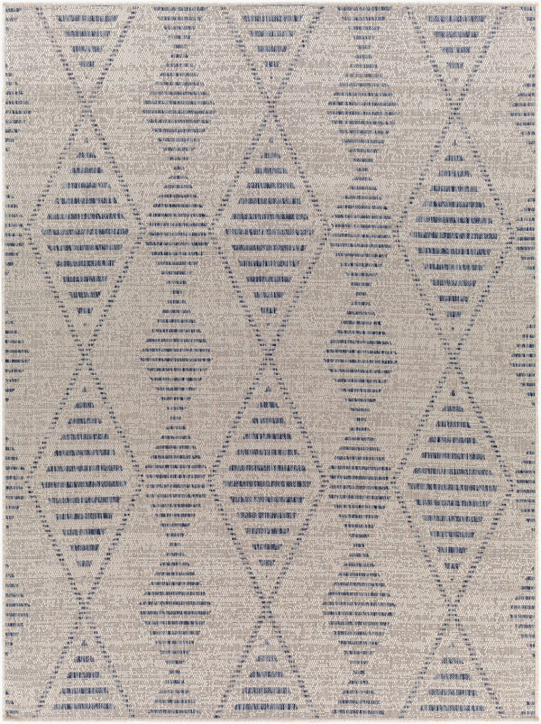 Livabliss Tuareg Flatweave Polypropylene Area Rug Bohemian Global Pattern Indoor Outdoor Low Profile Cream, Dark Blu 9'2" x 12' TRG2349-9212