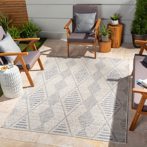 Livabliss Tuareg Flatweave Polypropylene Area Rug Bohemian Global Pattern Indoor Outdoor Low Profile Cream, Dark Blu 9'2" x 12' TRG2349-9212