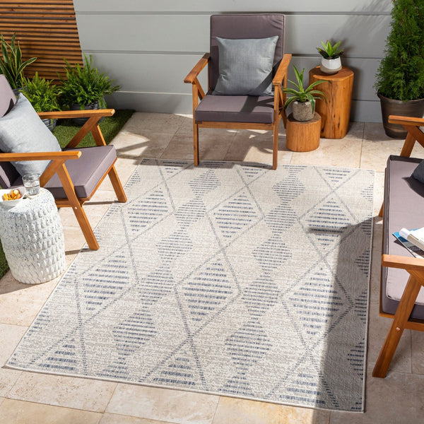 Livabliss Tuareg Flatweave Polypropylene Area Rug Bohemian Global Pattern Indoor Outdoor Low Profile Cream, Dark Blu 9'2" x 12' TRG2349-9212
