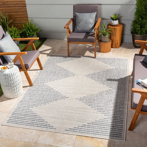 Livabliss Tuareg Moroccan Geometric Flatweave Polypropylene Rug for Indoor Outdoor Living Spaces Cream, Dark Blu 9'2" x 12' TRG2360-9212