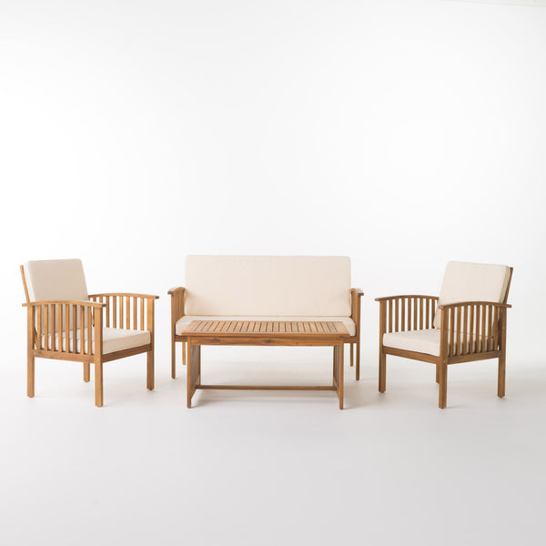 English Elm 4pc Outdoor Chat Set Solid Acacia Wood Loveseat Club Chairs and Coffee Table Patio Brown 59116.00