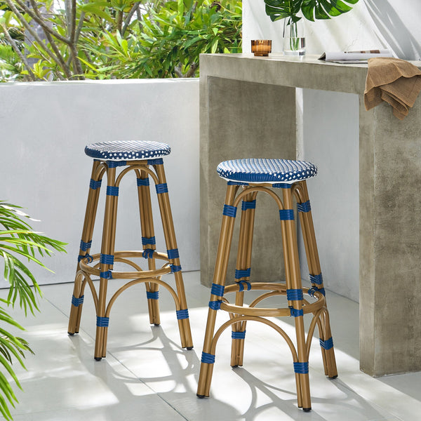 English Elm Outdoor Tropical Pe Rattan Backless Barstools Aluminum Frame Poolside Set of 2 72607.00
