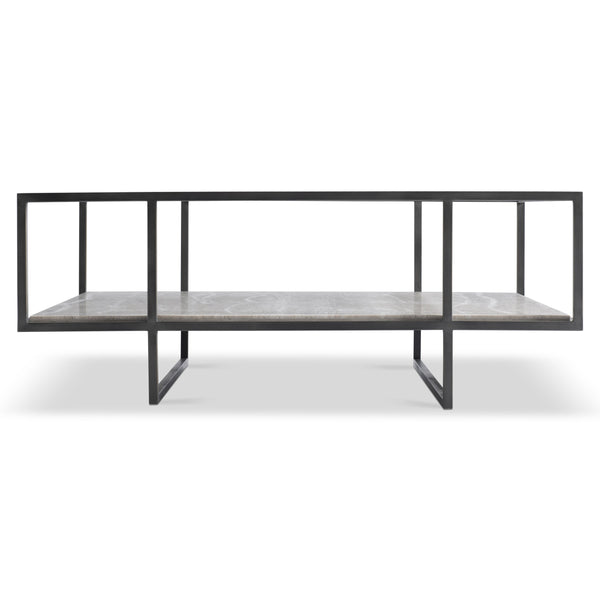 Bernhardt Bernhardt Harlow Cocktail Table — 44" Modern Industrial Coffee Table With Travertine Shelf, Glass Top, Bronze Frame 514022