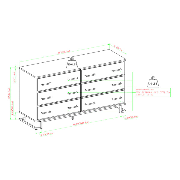 56" Contemporary Metal and Wood Dresser with Six Drawers Coastal Oak, Black DNAB5BCO-T Walker Edison