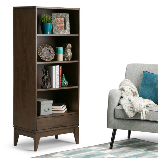 English Elm Harper Bookcase With Adjustable Shelves & Drawer - Mid-Century Modern Walnut Brown Storage Solution B136P158167