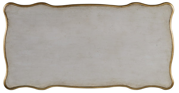 Hooker Furniture French-Inspired Writing Desk In Soft Gray With Gold Accents, Drop-Front Keyboard Drawer & Storage 5198-10458