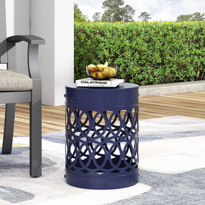 English Elm Outdoor Powder-coated Iron End Table with Geometric Cutout Design for Patio Lounging Navy Blue 73607.00NBLU
