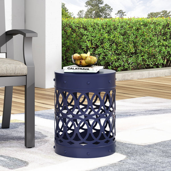 English Elm Outdoor Powder-coated Iron End Table with Geometric Cutout Design for Patio Lounging Navy Blue 73607.00NBLU
