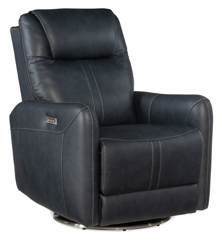 Hooker Furniture Steffen Zero-Gravity Swivel Power Recliner With Adjustable Motorized Headrest, Usb Charging, Top-Grain Leather Dark Blue RC601-PHSZ-049