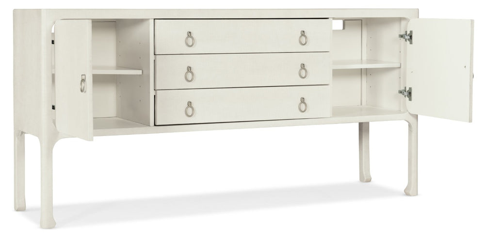 Hooker Furniture Serenity Sand Dollar Shore Server With Raffia Grasscloth Finish, Soft-Close Storage & Champagne Pulls 6350-75907-03