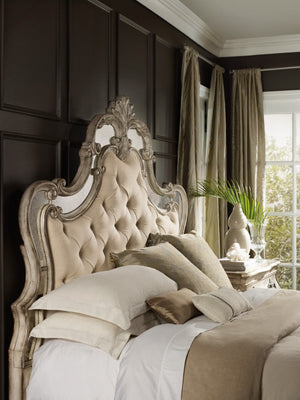 Hooker Furniture Sanctuary Tufted Queen Bed With Samantha Cream Upholstery, Bardot Silver-Leaf Finish & Mirror Trim Beige 5413-90850