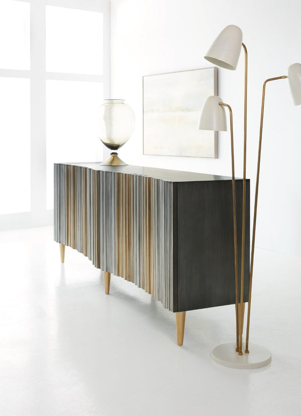 Hooker Furniture Melange Apollo Credenza With Two-Tone Aluminum Wrap, Sculptural Gold Legs & Media-Ready Storage For Large Rooms 638-85435-MTL