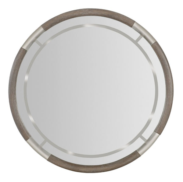 Hooker Furniture Modern Mood Round Mirror With Compass Oak Veneer, Wire-Brush Distress & Warm Pewter Trim, 42" Medium Brown 6850-90007-89