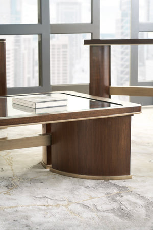 Hooker Furniture Melange Dark Walnut Cocktail Table With Champagne Accents, Tempered Beveled Glass Inset, 66" 628-80550-89
