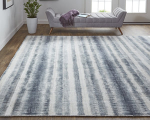 Feizy Rugs Mackay Hand Woven Viscose And Wool Low Pile Striped Rug For Luxurious Modern Home Decor Ivory,Blue Viscose,Wool Mky8824fnvy000e10