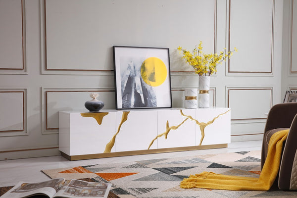 VIG Furniture Aspen White & Gold High-Gloss Tv Stand With Generous Storage, 87" Wide, No Assembly Required VGVCTV1801-WHT