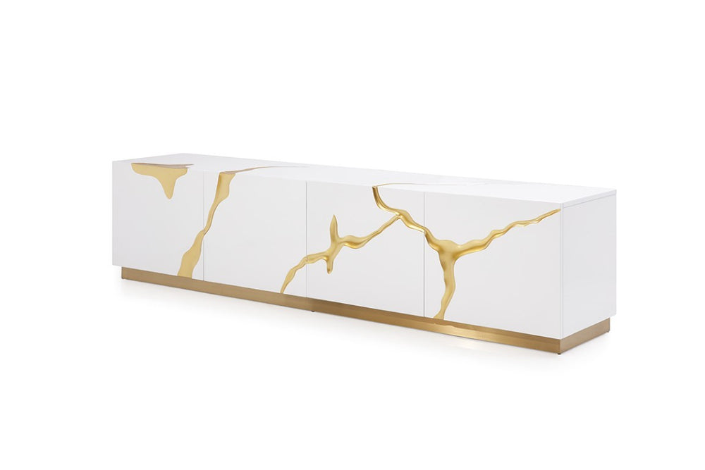 VIG Furniture Aspen White & Gold High-Gloss Tv Stand With Generous Storage, 87" Wide, No Assembly Required VGVCTV1801-WHT