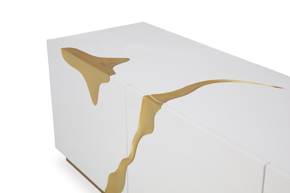 VIG Furniture Aspen White & Gold High-Gloss Tv Stand With Generous Storage, 87" Wide, No Assembly Required VGVCTV1801-WHT