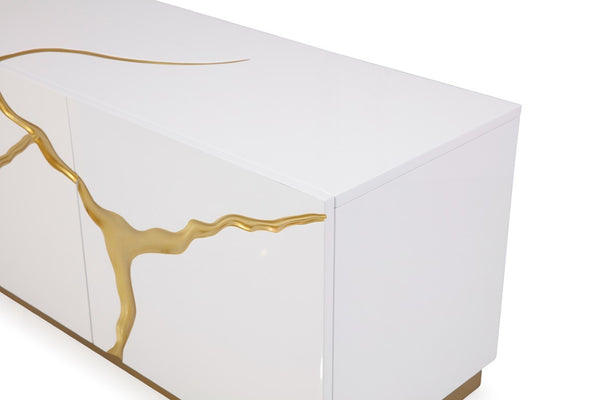 VIG Furniture Aspen White & Gold High-Gloss Tv Stand With Generous Storage, 87" Wide, No Assembly Required VGVCTV1801-WHT